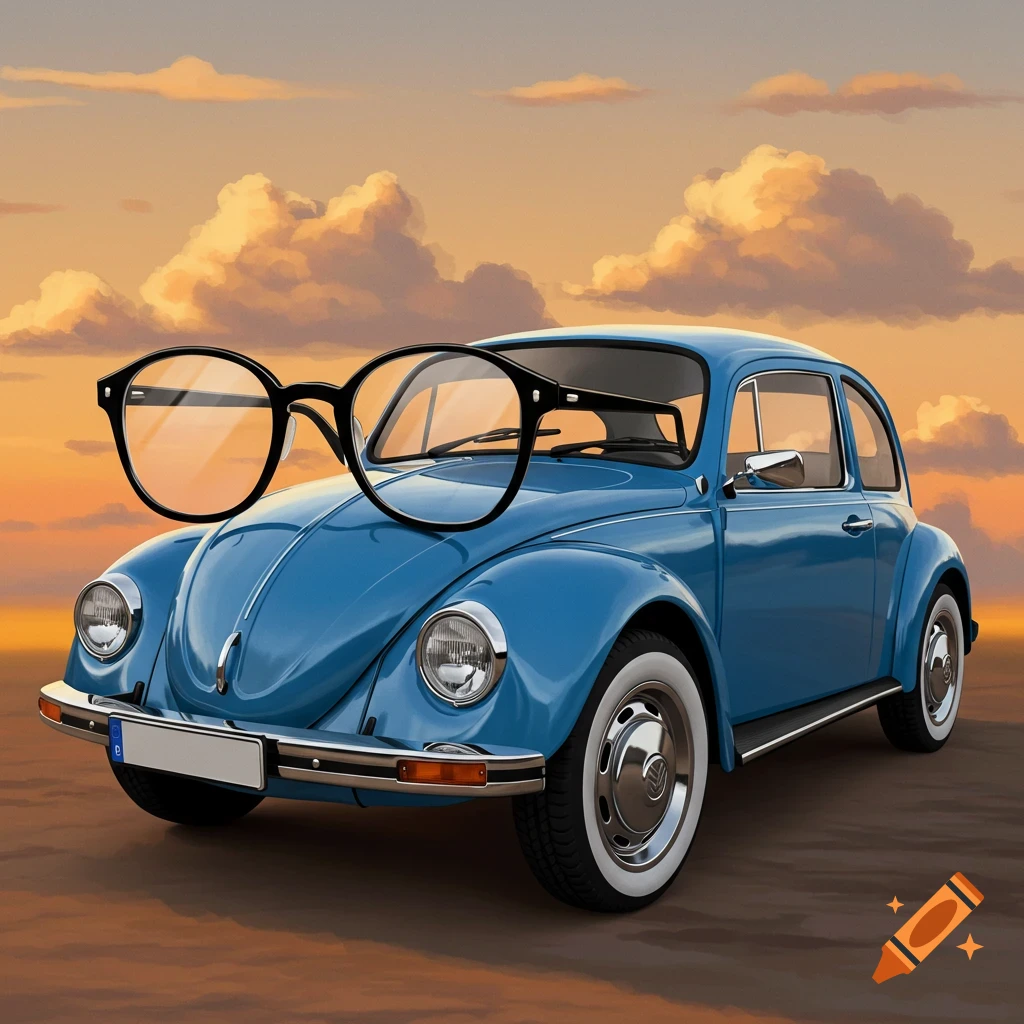 A blue VW Beetle with large glasses over its headlights, under a sunset sky.