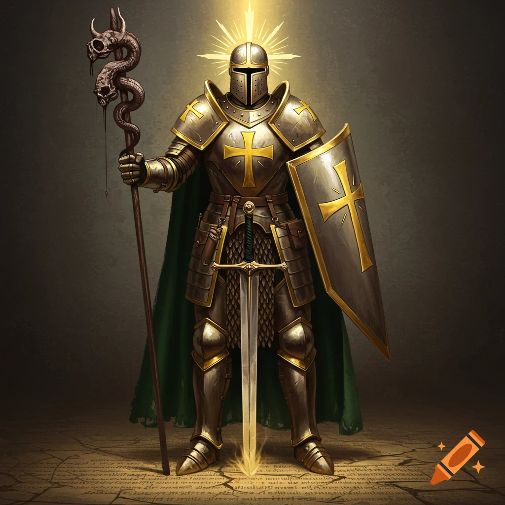A knight in golden armor holds a serpent skull staff and shield over glowing ground text.