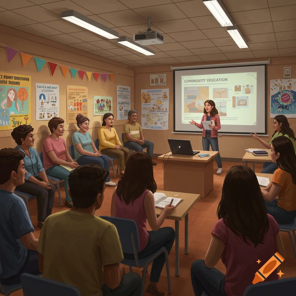 A community education session with a presenter and seated participants.
