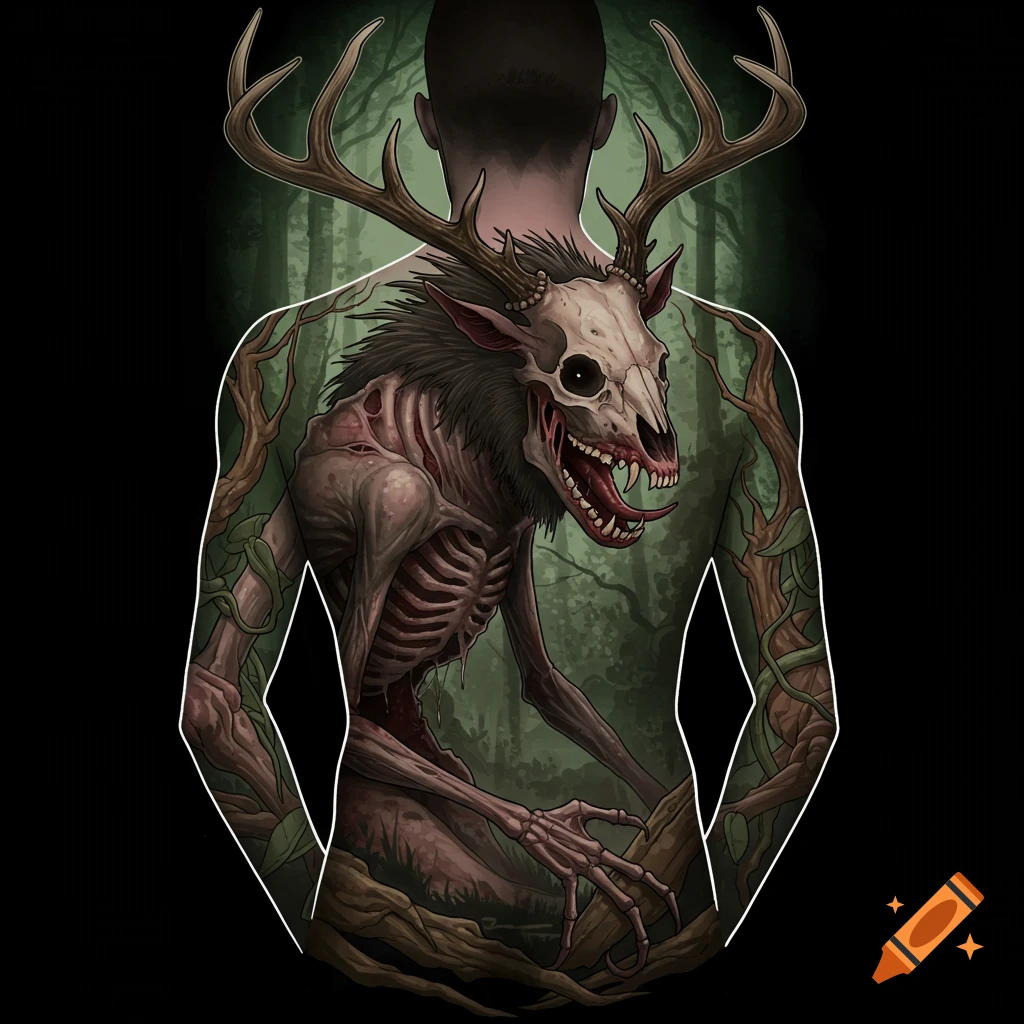 An image of a wendigo monster within the outline of a human body