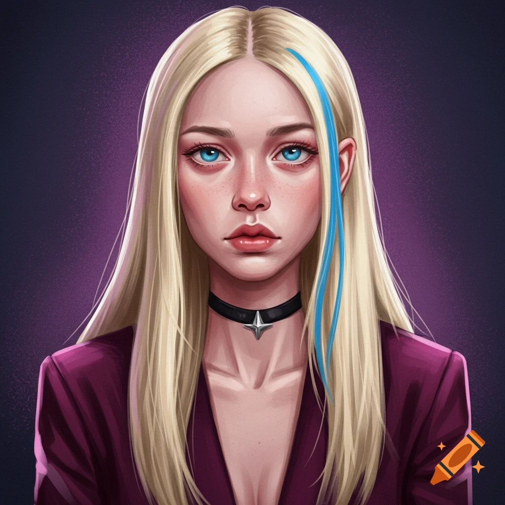 Portrait of a woman with blonde hair and blue streaks, blue eyes, wearing a choker and purple jacket.