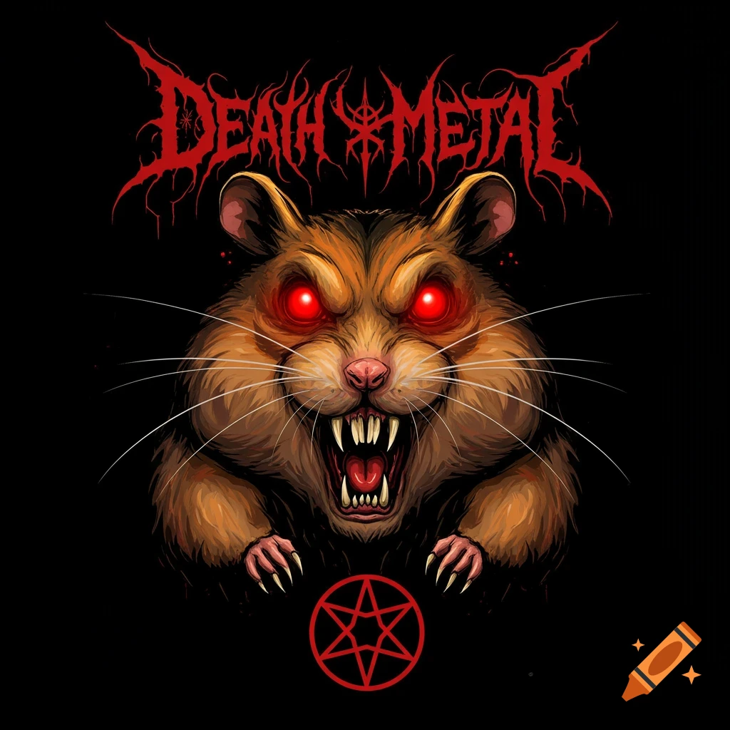 Angry hamster with red eyes, sharp teeth, and claws, with the text 'DEATH METAL' and a red pentagram below.
