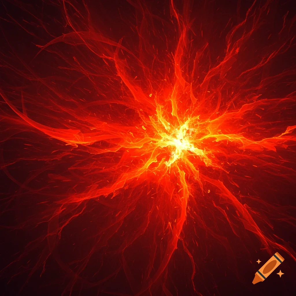 Abstract red and orange fiery energy radiating outwards from a bright center.