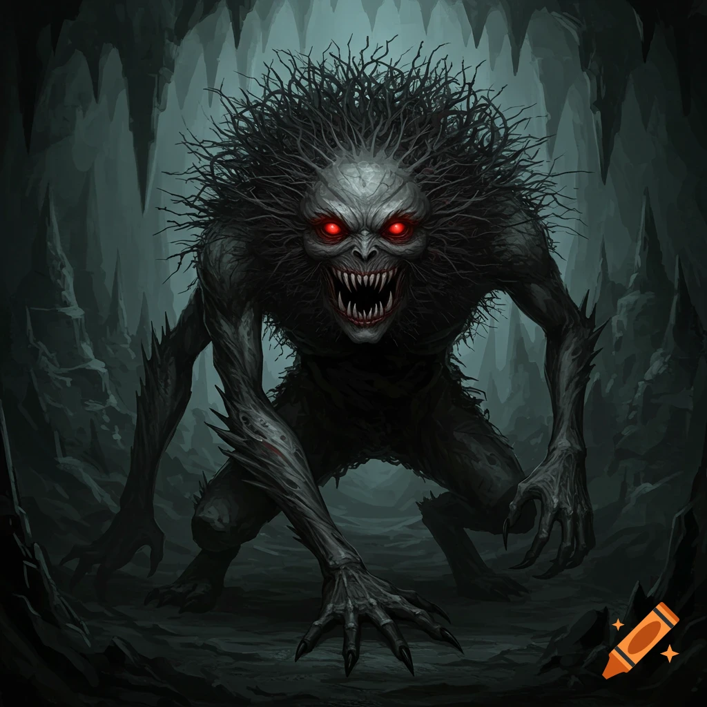 A scary monster with red eyes in a dark cave.