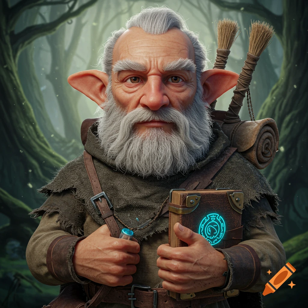 A detailed portrait of an old fantasy creature with a long beard and large ears, wearing a cloak and holding a magical glowing book, in a mystical forest.