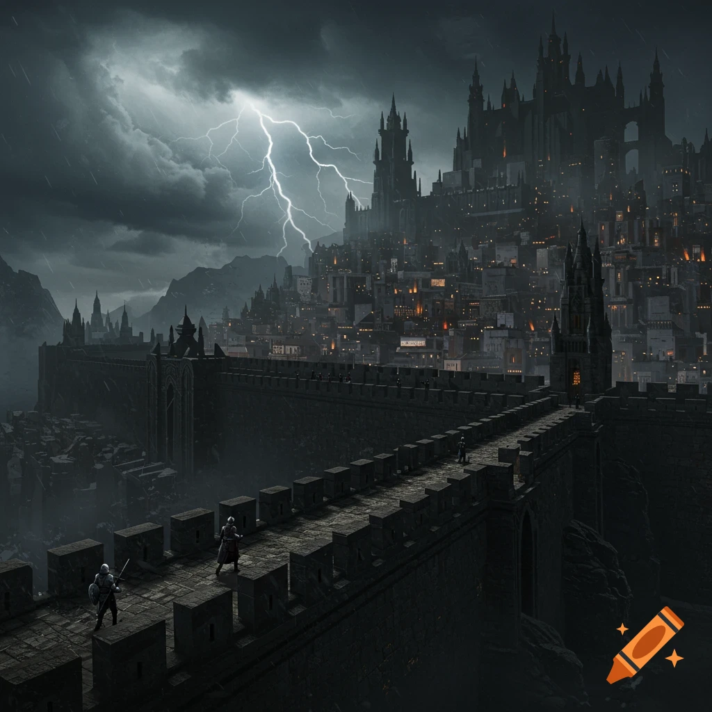 A fantasy city sits on a hill under a lightning storm, with knights on a fortified wall.