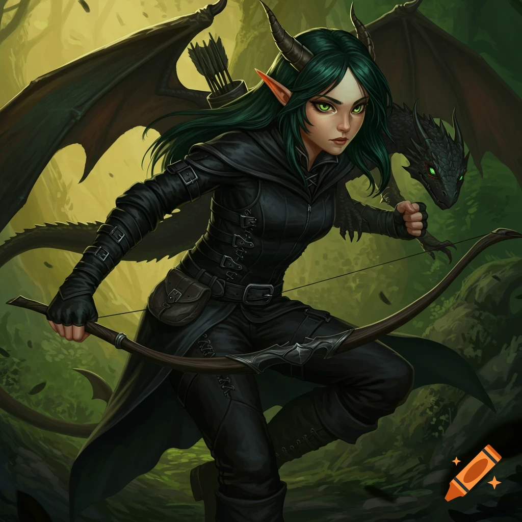 Fantasy character, a tiefling ranger with a bow and dragon in a forest.