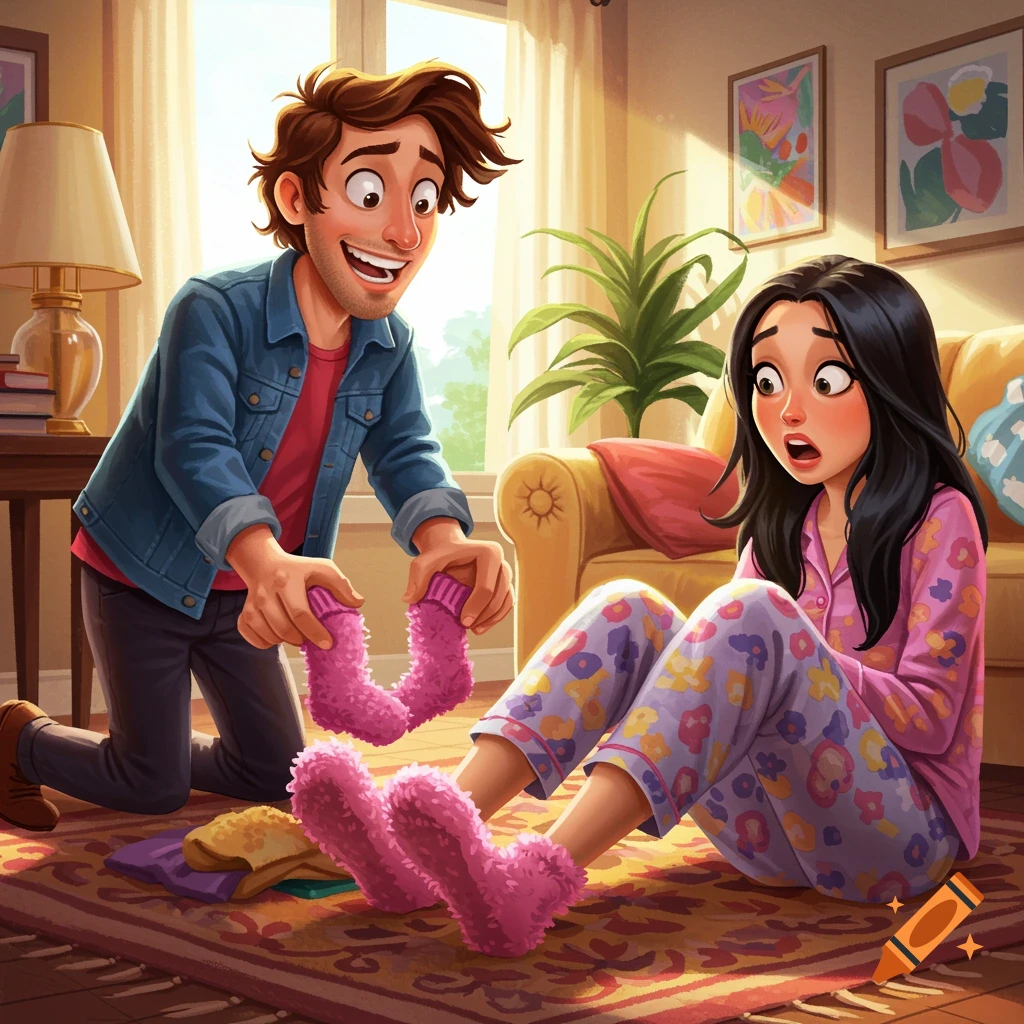 Cartoon of a man playfully trying to take fuzzy socks from a surprised woman sitting on a rug in a living room.