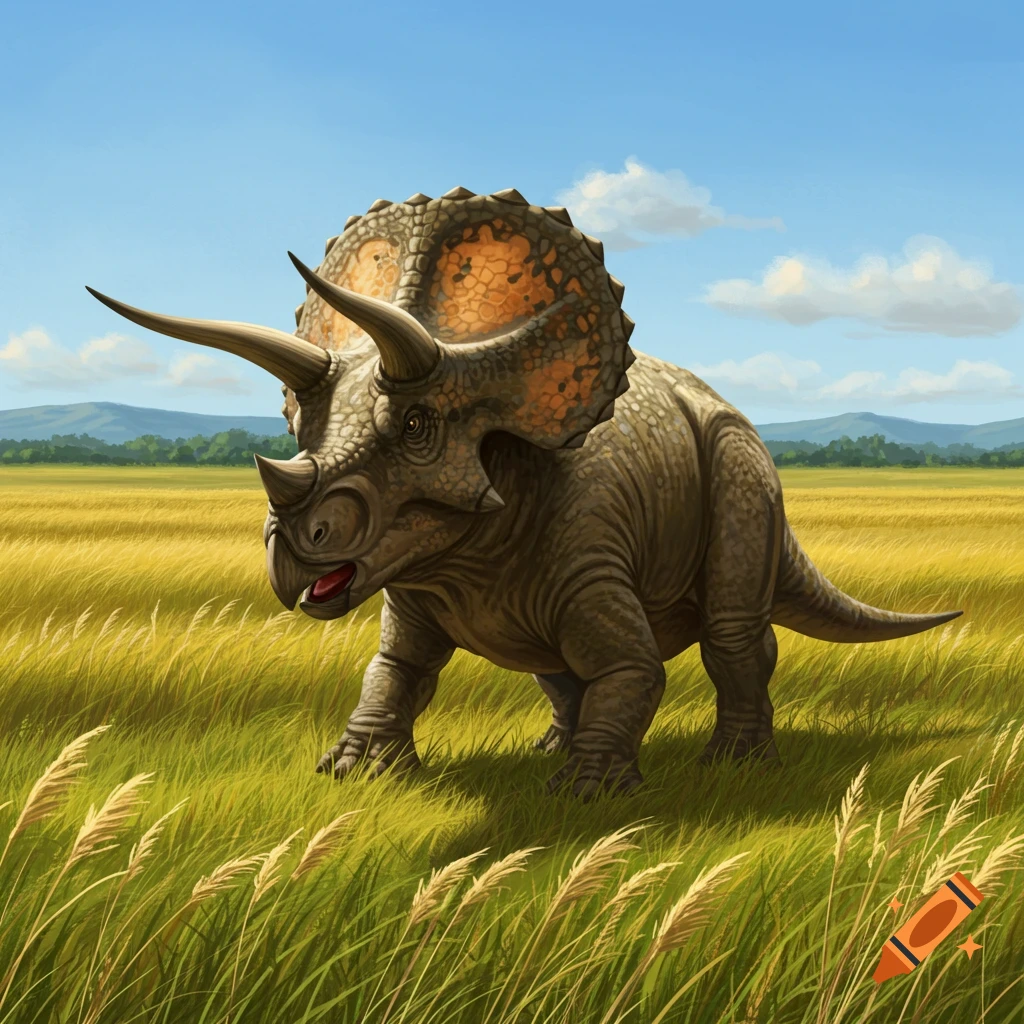 A triceratops standing in tall grassy plains under a blue sky.