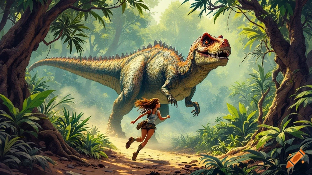 A woman runs from a large dinosaur in a jungle illustration.