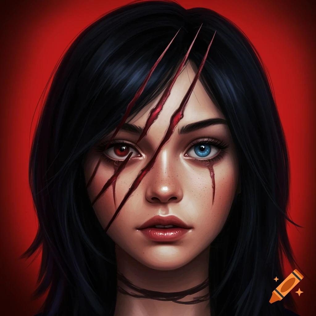 Close-up portrait of a young woman with black hair, heterochromia, and claw marks on her face.
