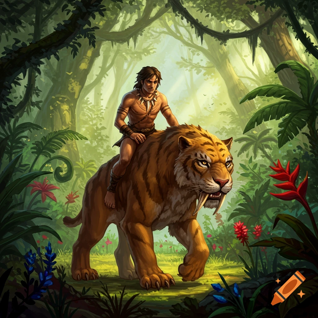 A man rides a sabertooth tiger through a dense jungle.