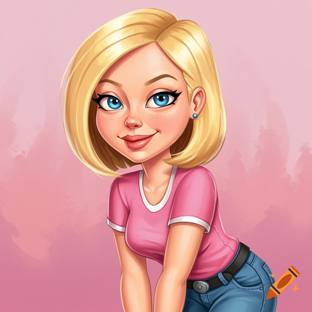 Cartoon portrait of a blonde woman with blue eyes wearing a pink shirt and jeans, smiling.