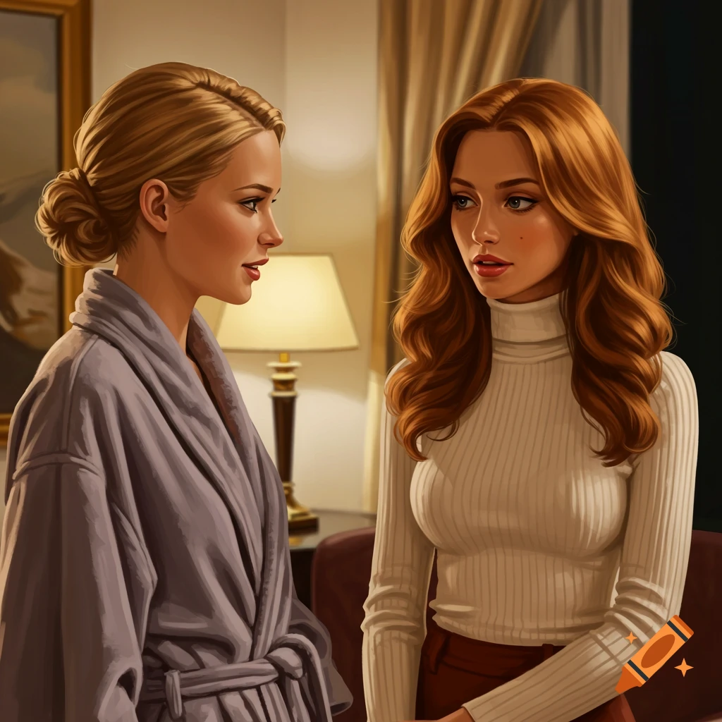 Two women talking in a hotel room