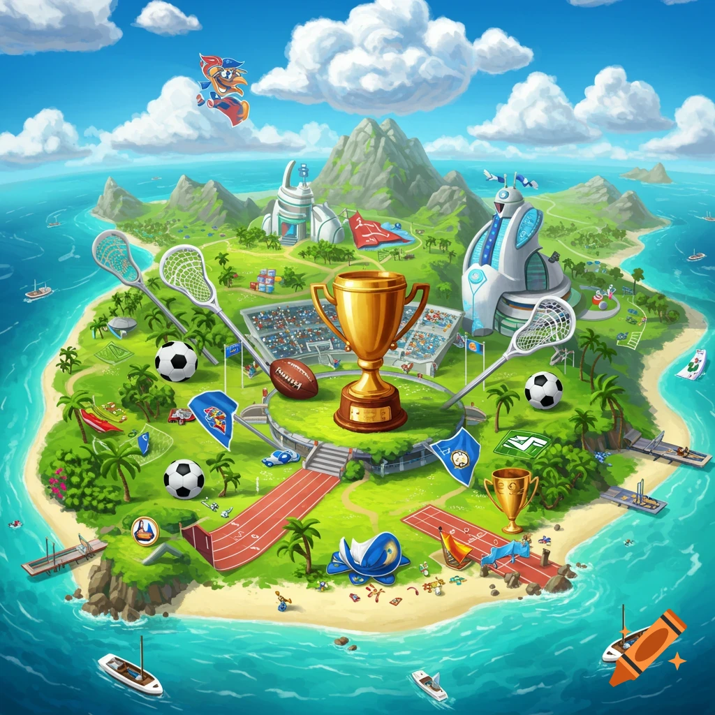 A sports island with a large trophy, soccer balls, lacrosse sticks, and a running track.