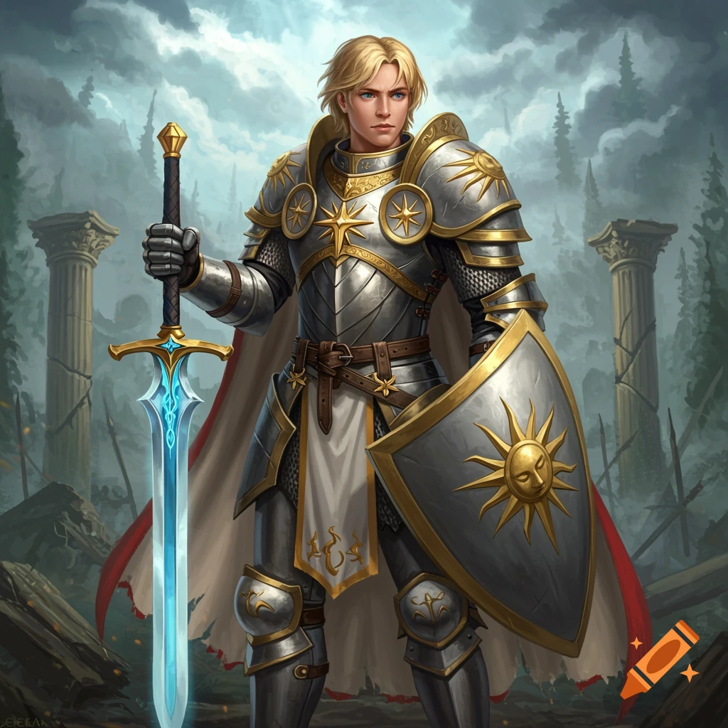 A young blonde paladin in silver armor with a glowing sword and shield stands in a ruined battlefield.