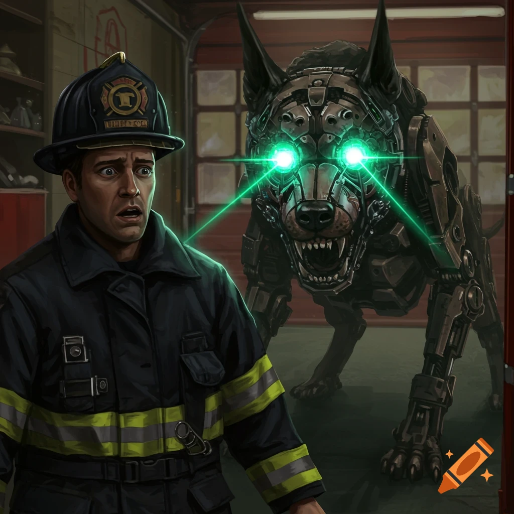 A scared fireman is looking at a menacing mechanical robot dog with glowing green eyes in a fire station.