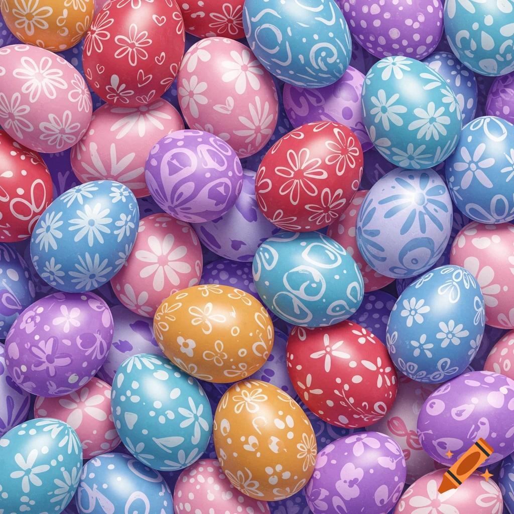 Close-up of many colorful decorated Easter eggs