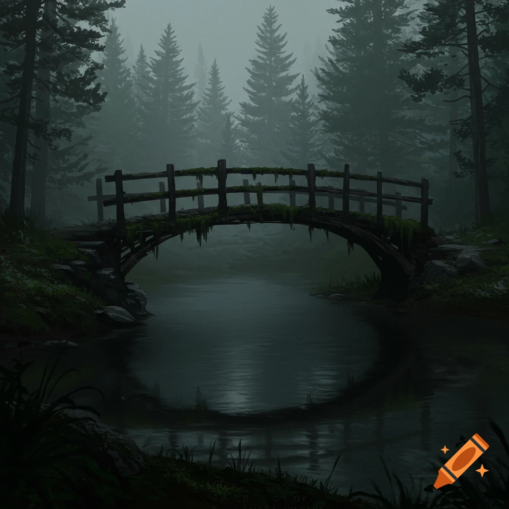 A mossy bridge extends over a body of water in a foggy, dark forest filled with tall pine trees.