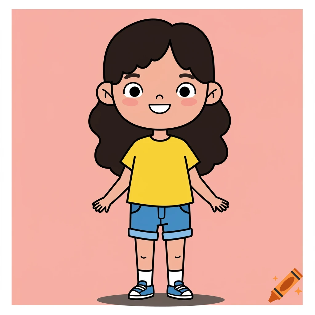 A cartoon illustration of a child in a yellow shirt and blue shorts standing on a pink background.