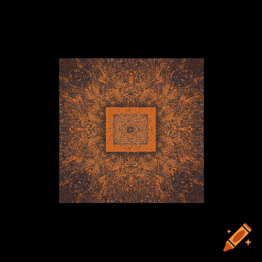 Symmetrical abstract art with a central square and orange splatter effect on a dark background.