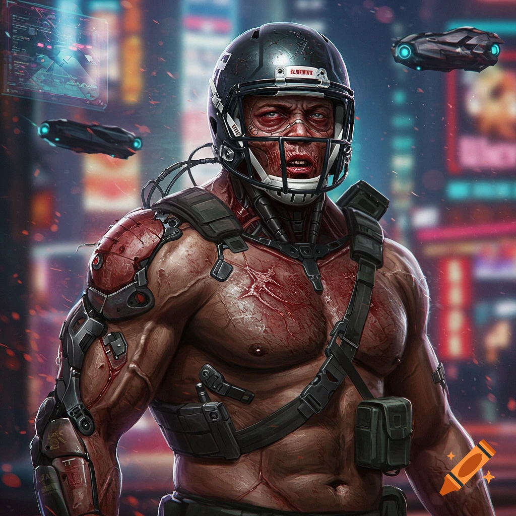 A cybernetic man in a football helmet and armor stands in a futuristic cyberpunk city.