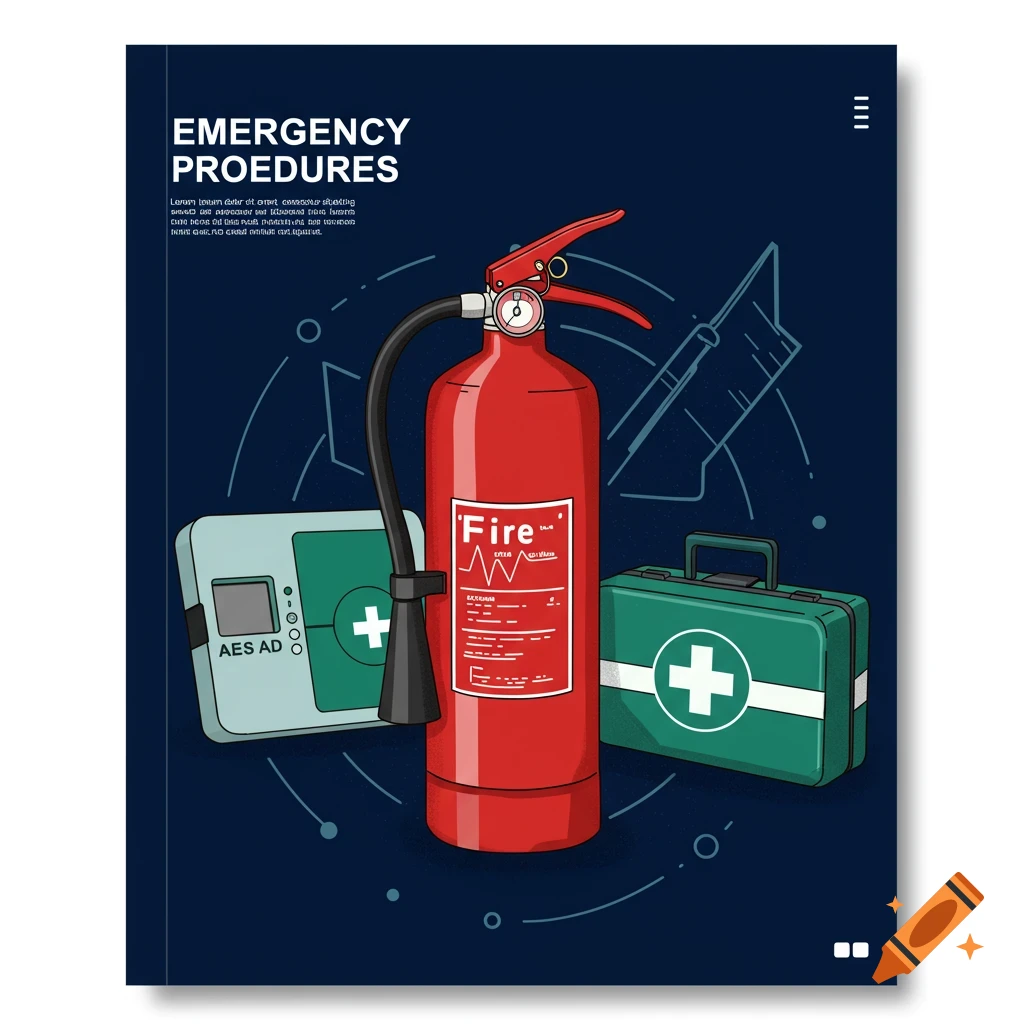 Illustration of a fire extinguisher, AED, and first aid kit on a cover page.