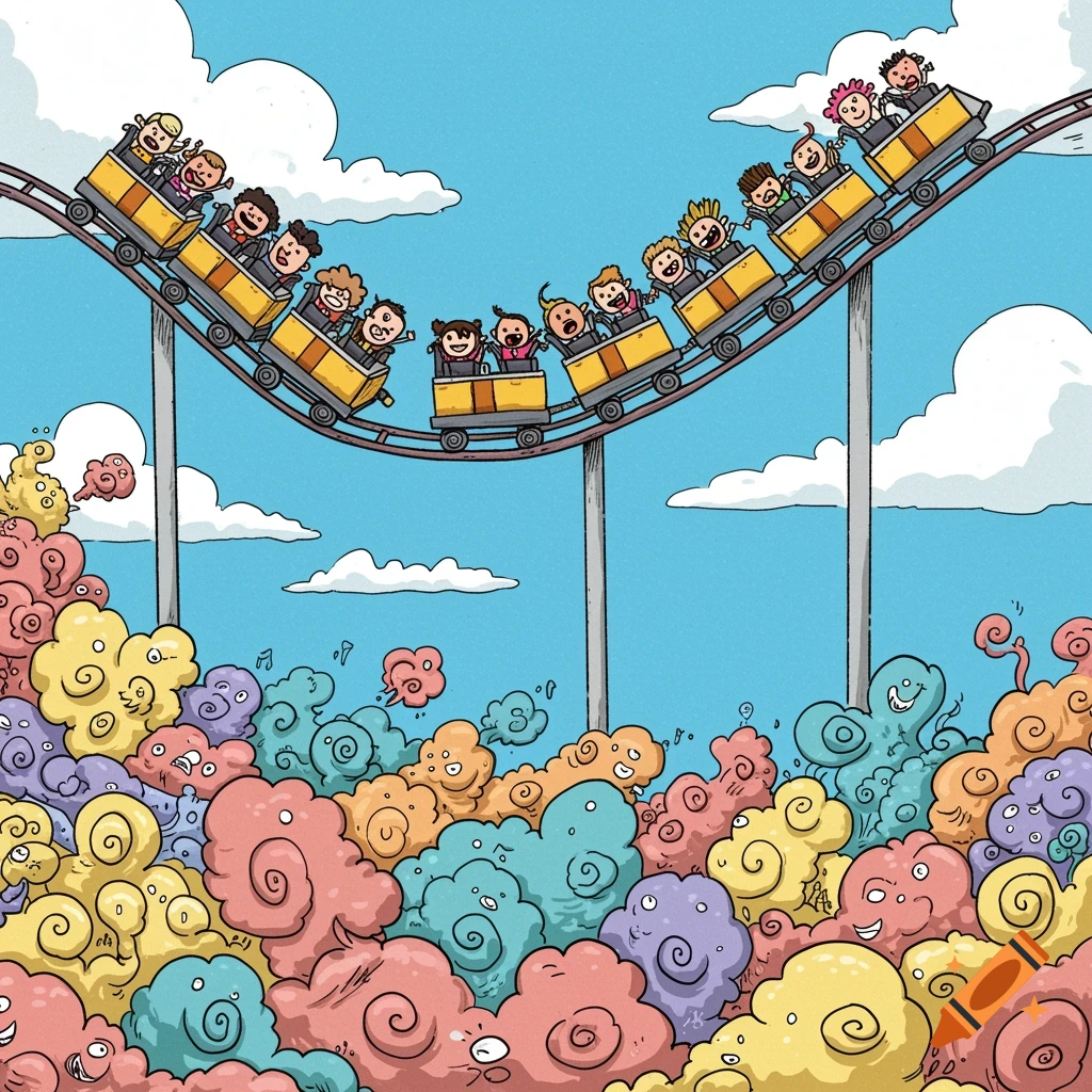 Cartoon illustration of kids on a rollercoaster over colorful, swirling clouds.