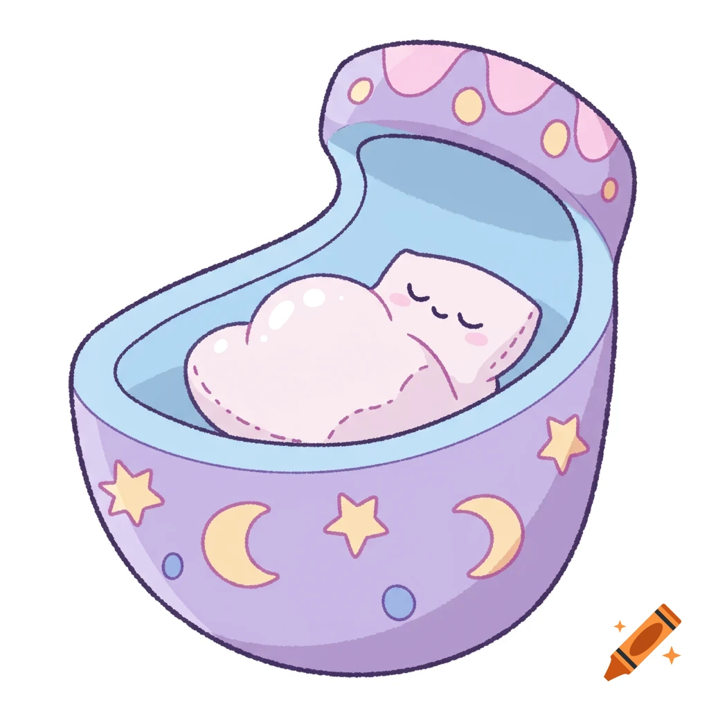 Cartoon of a baby sleeping in a purple crib decorated with moons and stars.