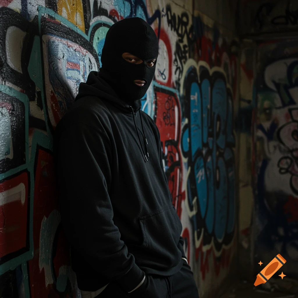 Person in black ski mask and hoodie leaning against a graffiti-covered wall.