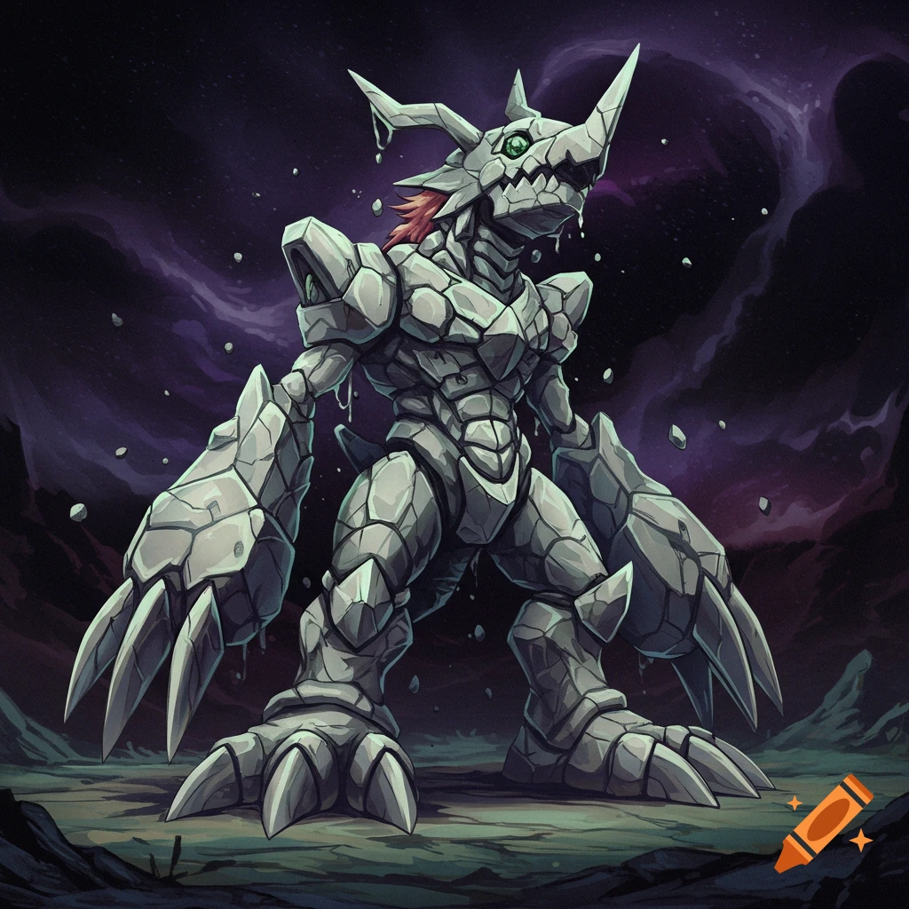 A large, stone-plated monster standing in a rocky landscape under a swirling, dark sky.