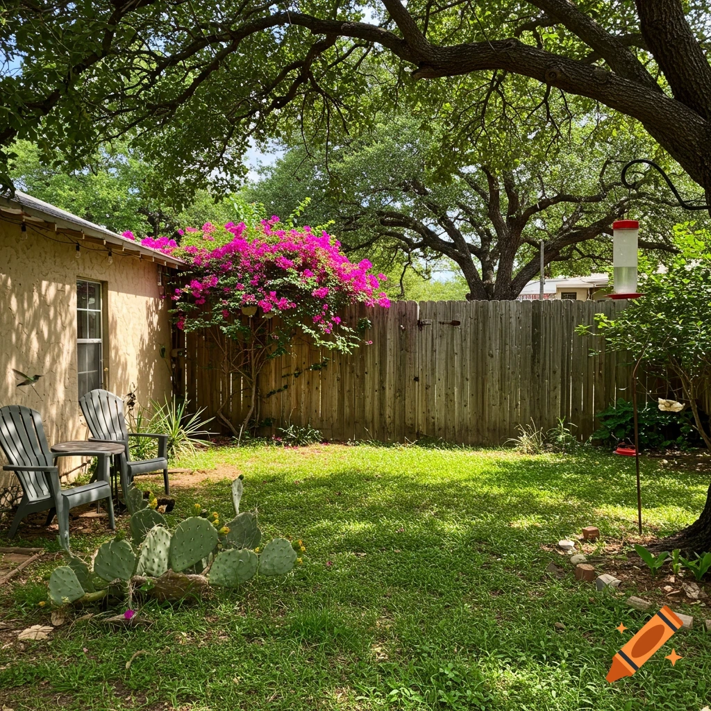 A lush backyard with pink bougainvillea, cactus, chairs, and a bird feeder under a large tree.