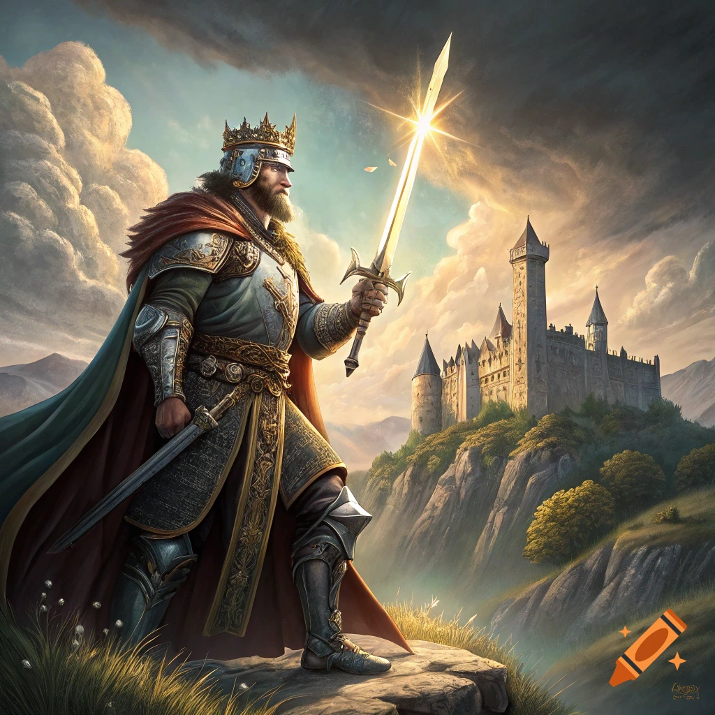 A king in ornate armor stands on a rock holding a glowing sword towards a distant castle under a cloudy sky.