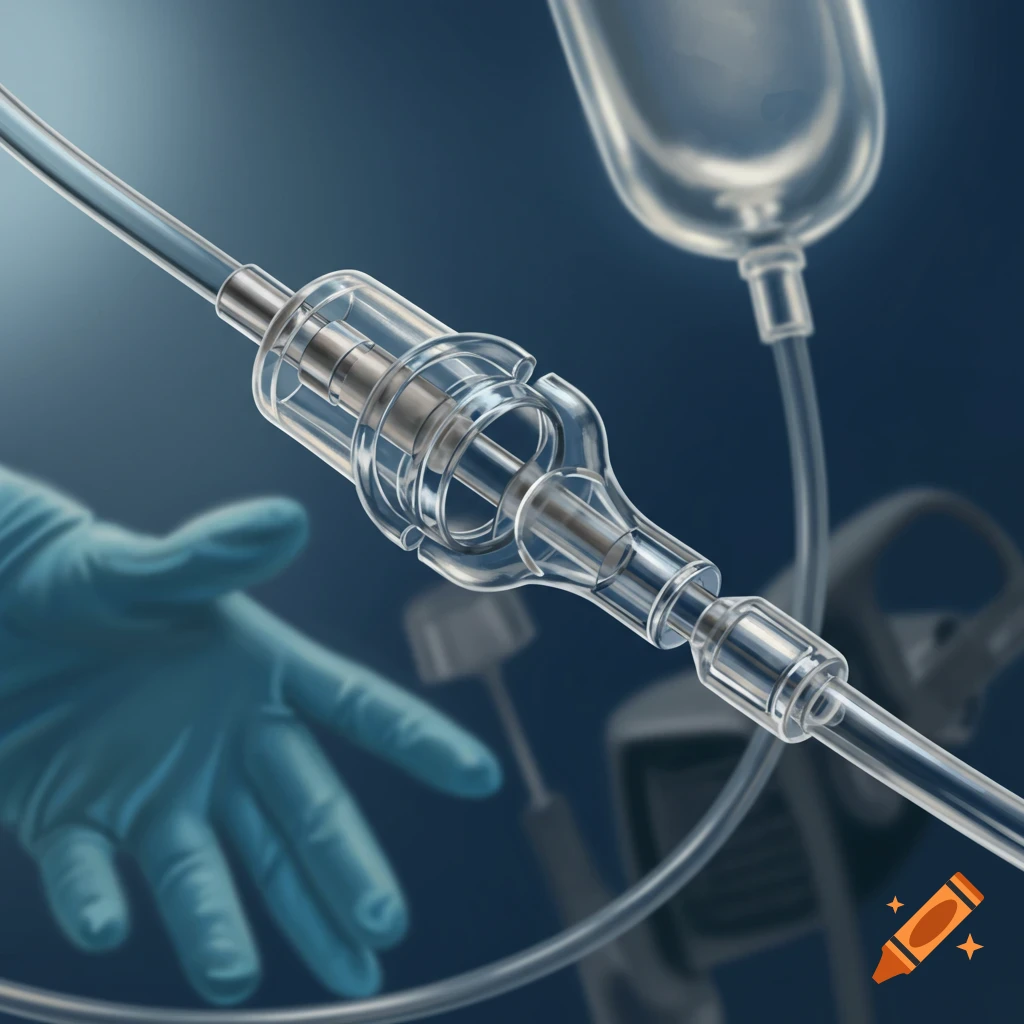 A medical catheter and IV bag are shown with a gloved hand.