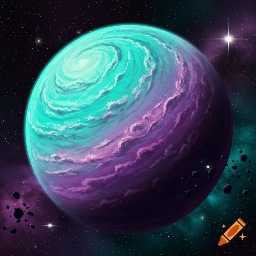 A large, swirling teal and purple planet in deep space with stars and nebula.