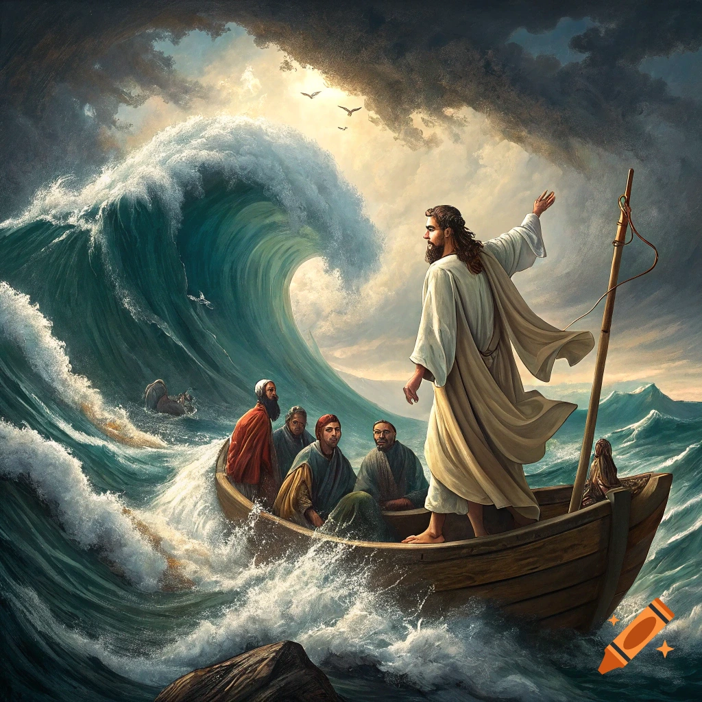 Jesus stands in a boat with disciples during a storm with a large wave, in a painterly style.