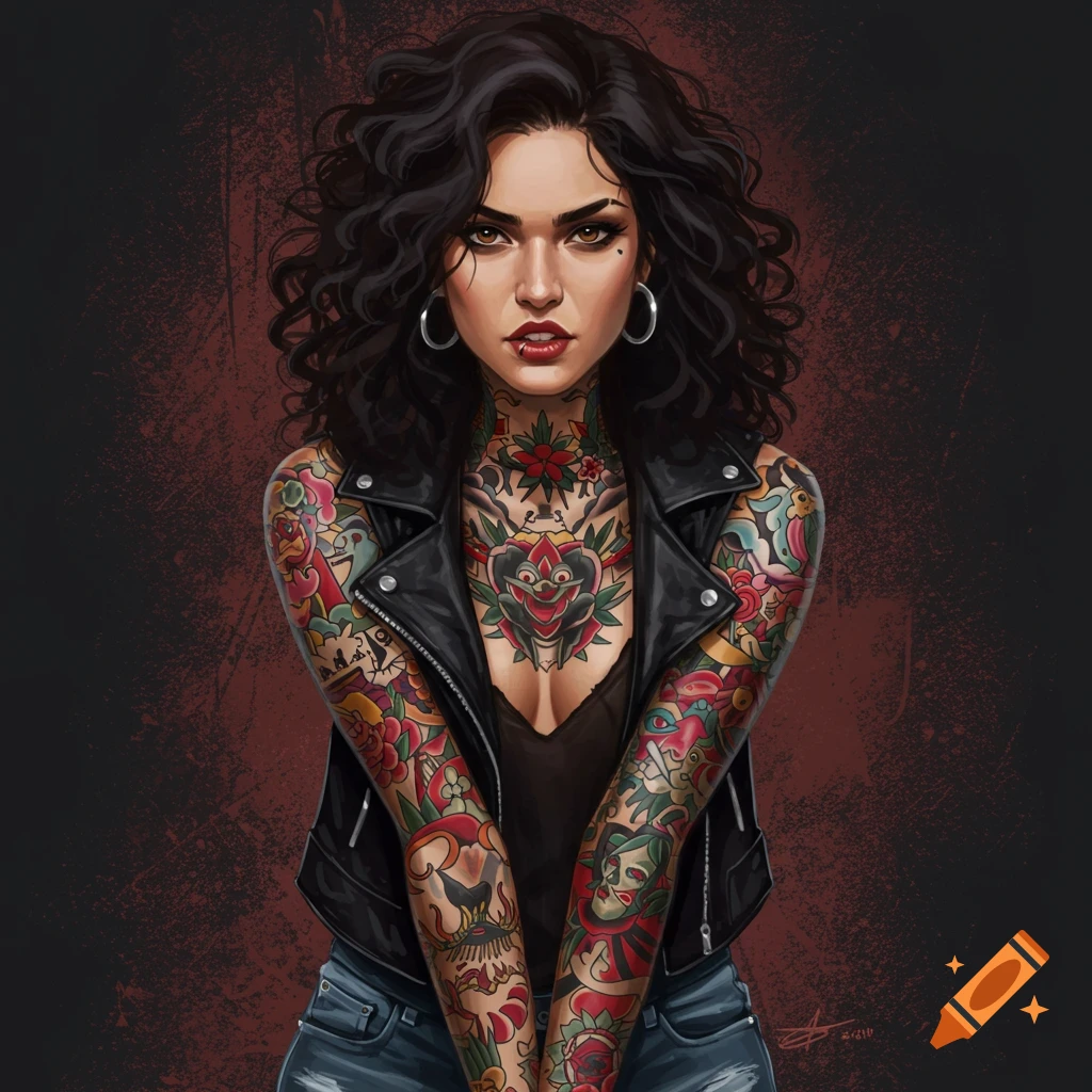 A tattooed woman wears a leather jacket against a dark background.