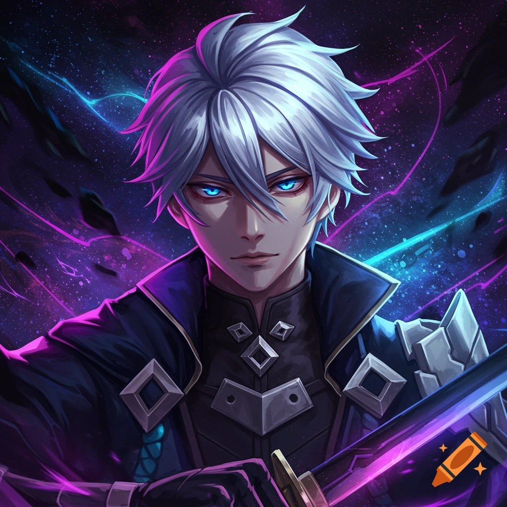 Anime character with white hair and glowing blue eyes holds a sword against a cosmic background with energy streaks.