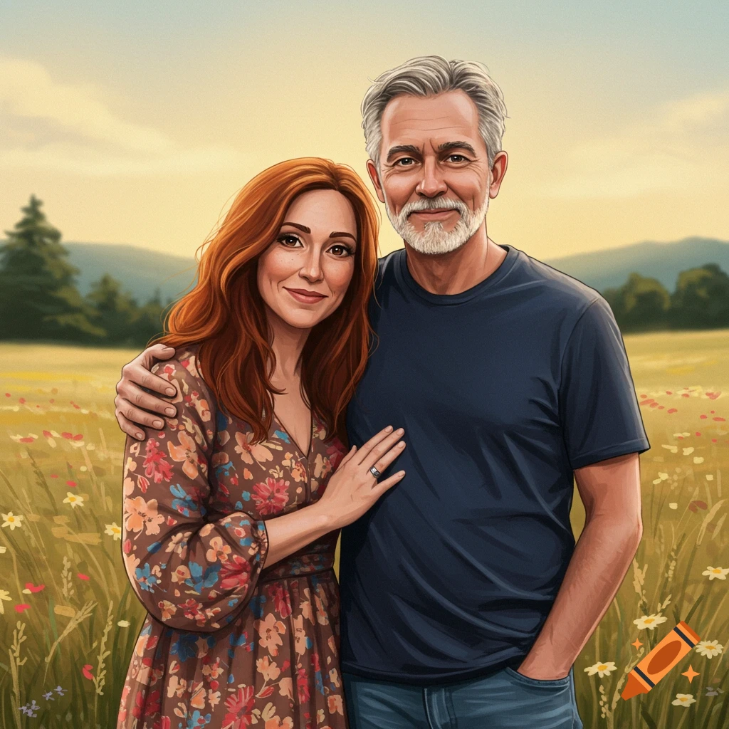 Smiling couple standing in a field of wildflowers.