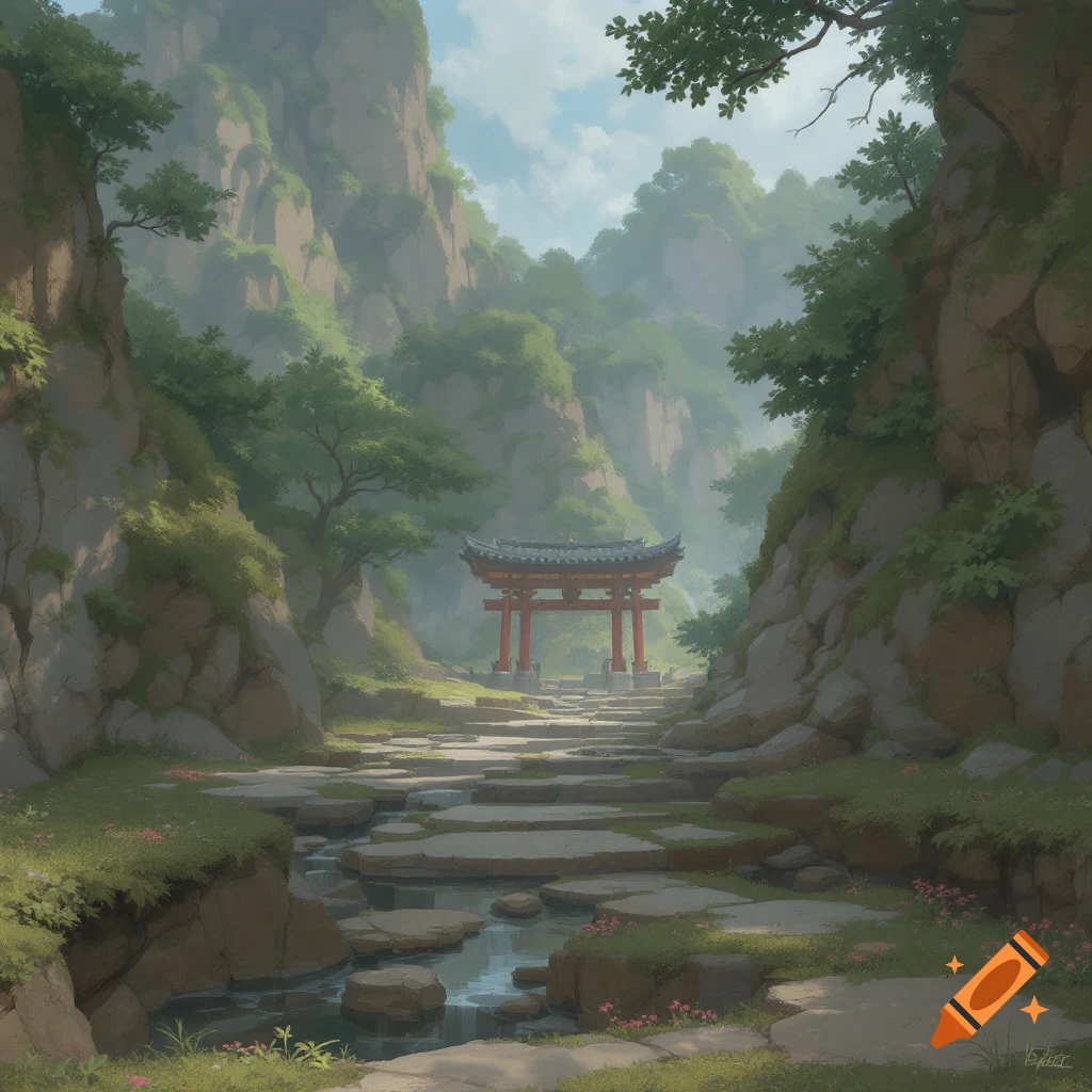 A path through a mountain valley leads to a red gate, with a stream flowing nearby.