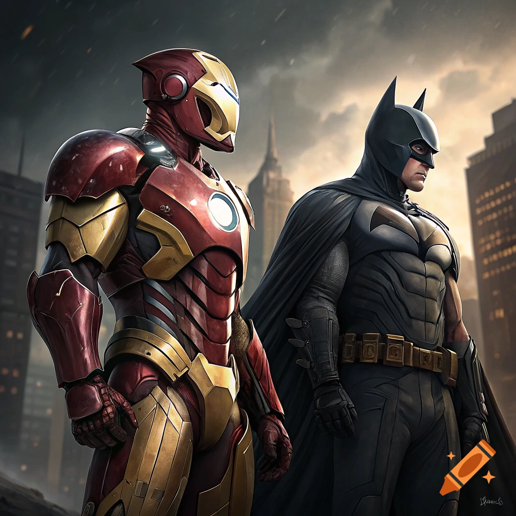 Iron Man and Batman stand together in a city under a stormy sky.