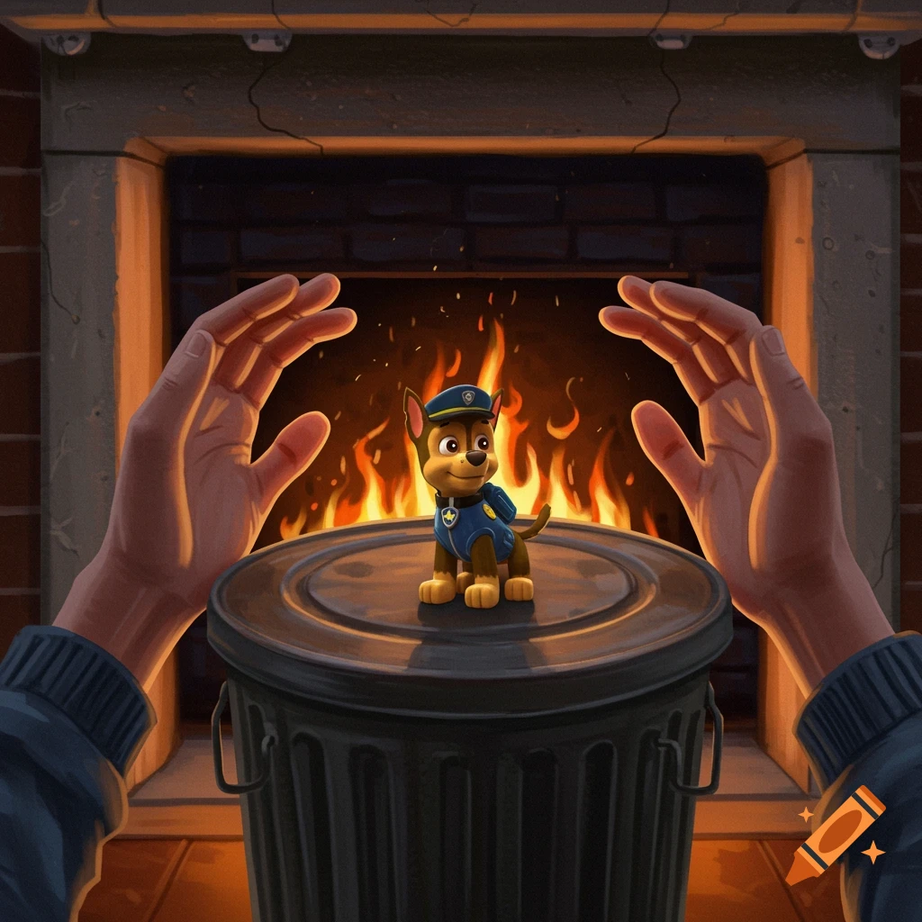 A figurine of Chase from Paw Patrol is on a trash can, with hands warming by a fireplace.