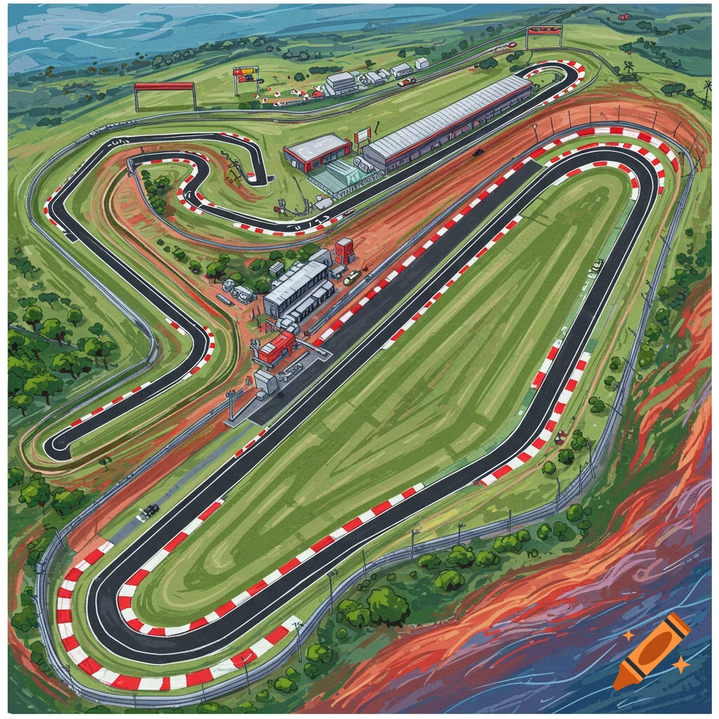 Aerial view of a race track layout with pit buildings and
