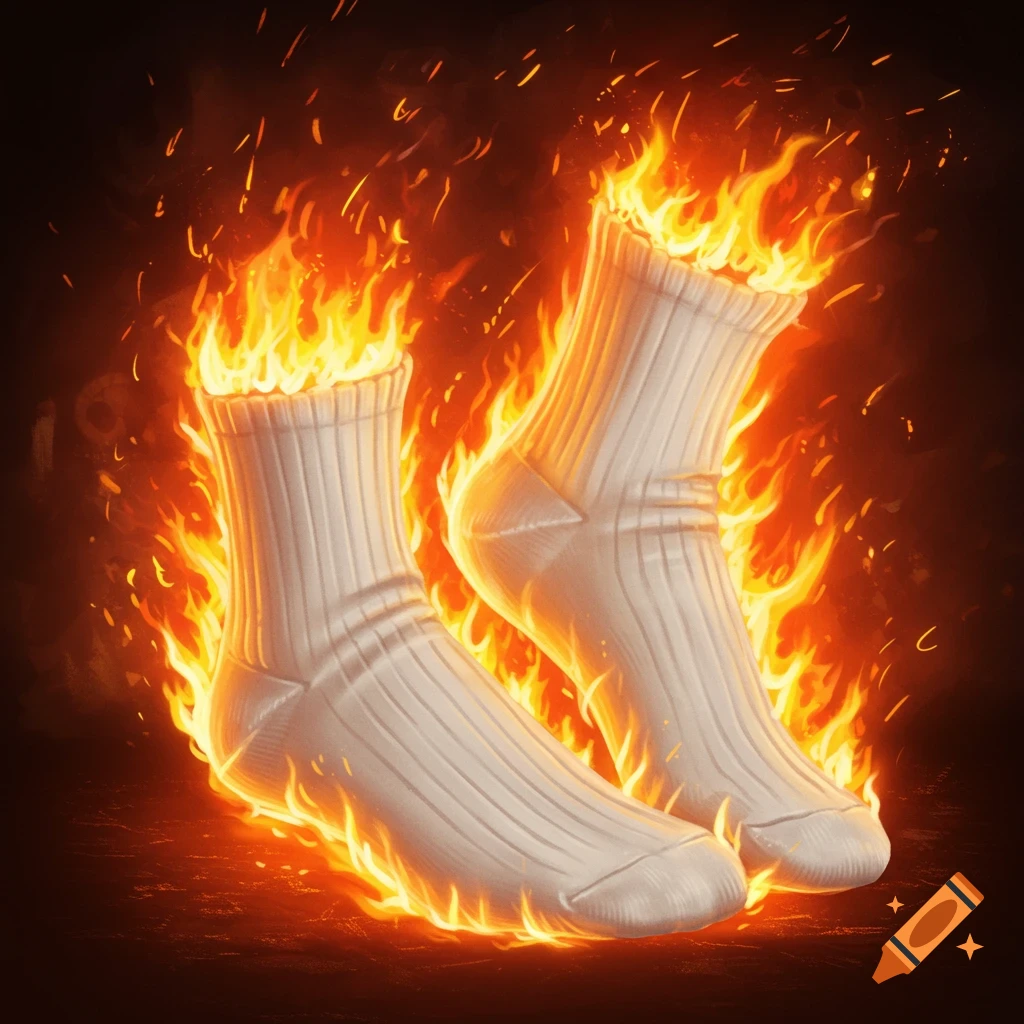 Two white socks burning in fire on a dark background.