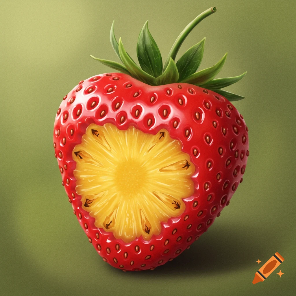 A close-up view of a strawberry with a pineapple core.