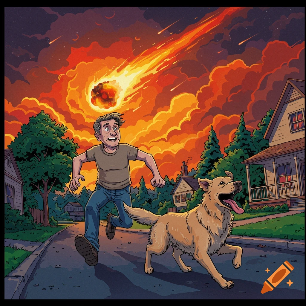 Cartoon illustration of a man and dog running from a meteor falling from a fiery sky.