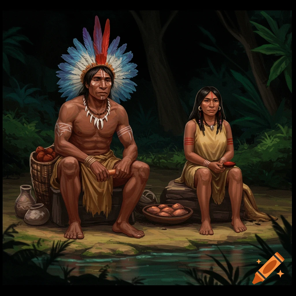 An indigenous man and woman are sitting by a river.