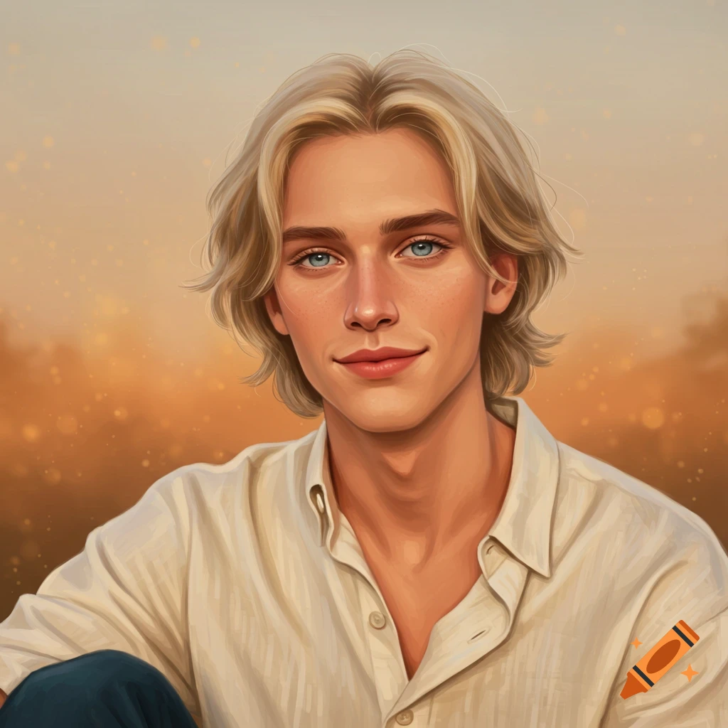 A young man with blonde hair and blue eyes.