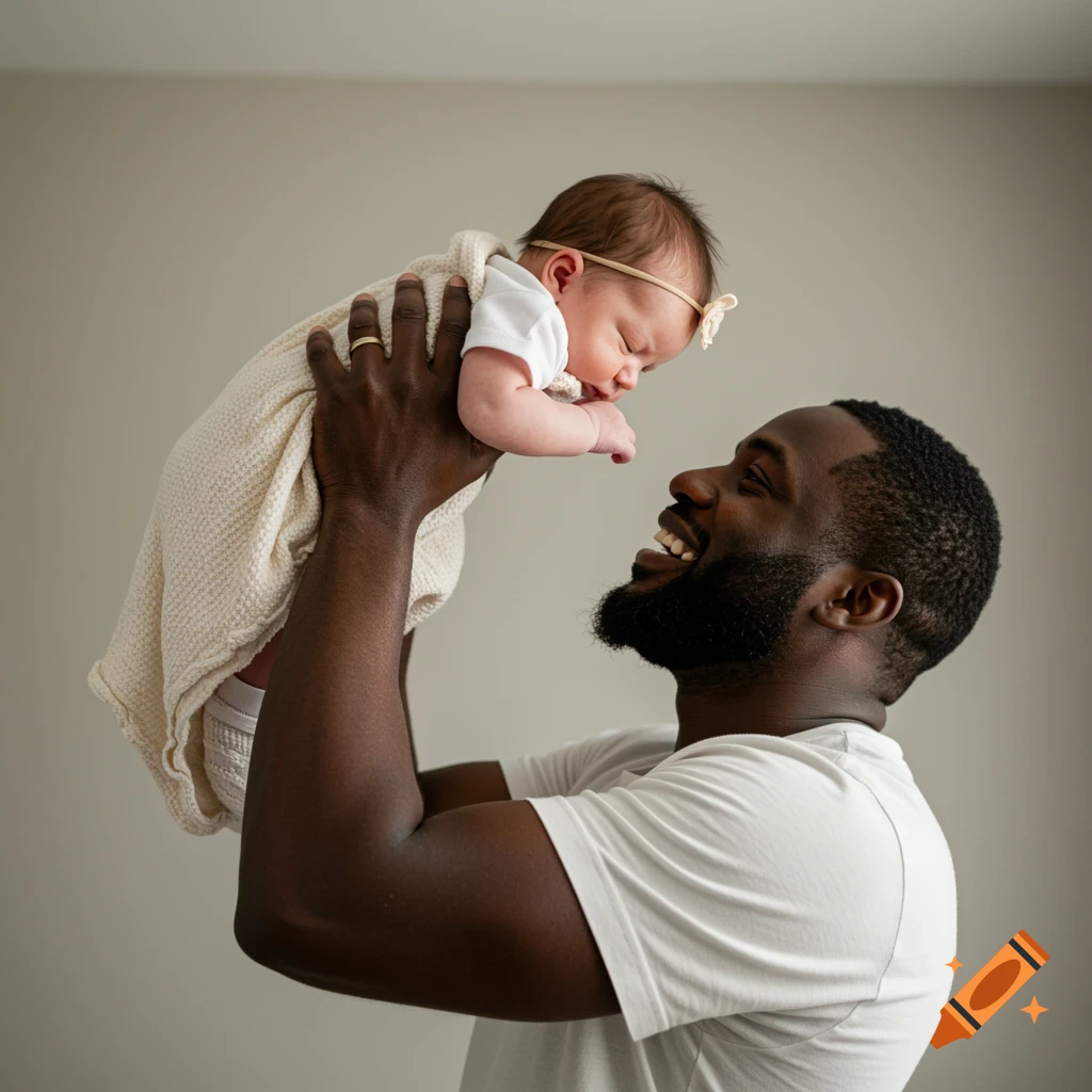 A Black man holds a baby up and smiles at her.