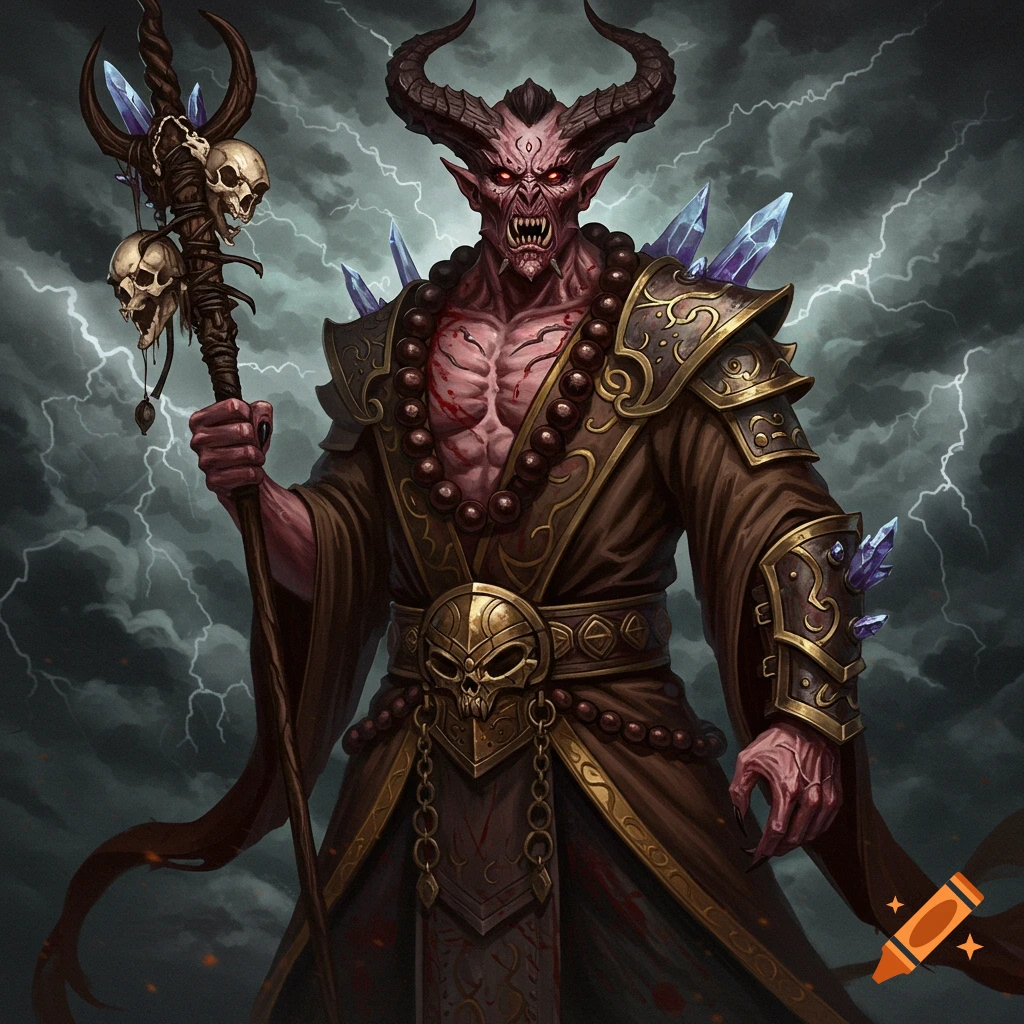 A fearsome demon monk in a robe holds a staff with skulls against a stormy, lightning-filled sky.